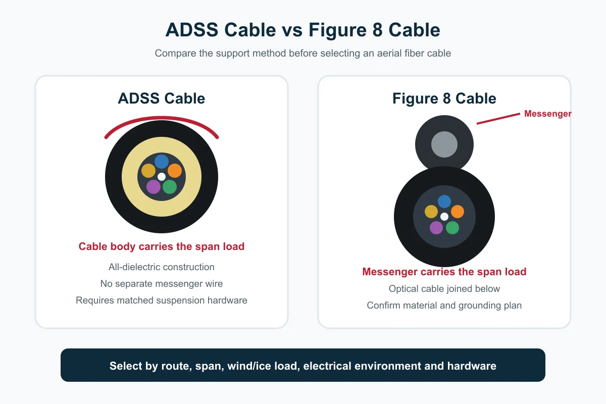 ADSS cable and Figure 8 cable cross-section comparison showing different aerial support methods