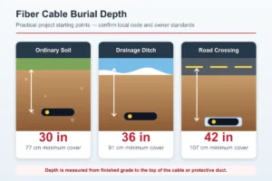 Fiber optic cable burial depth guide for soil ditches and road crossings