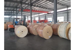 Fiber optic cable drums in a NetLast production facility