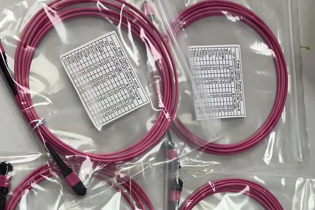 OM4 multimode MPO patch cords with production test labels
