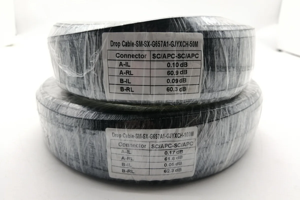SC APC drop cable patch cords with insertion loss and return loss test labels